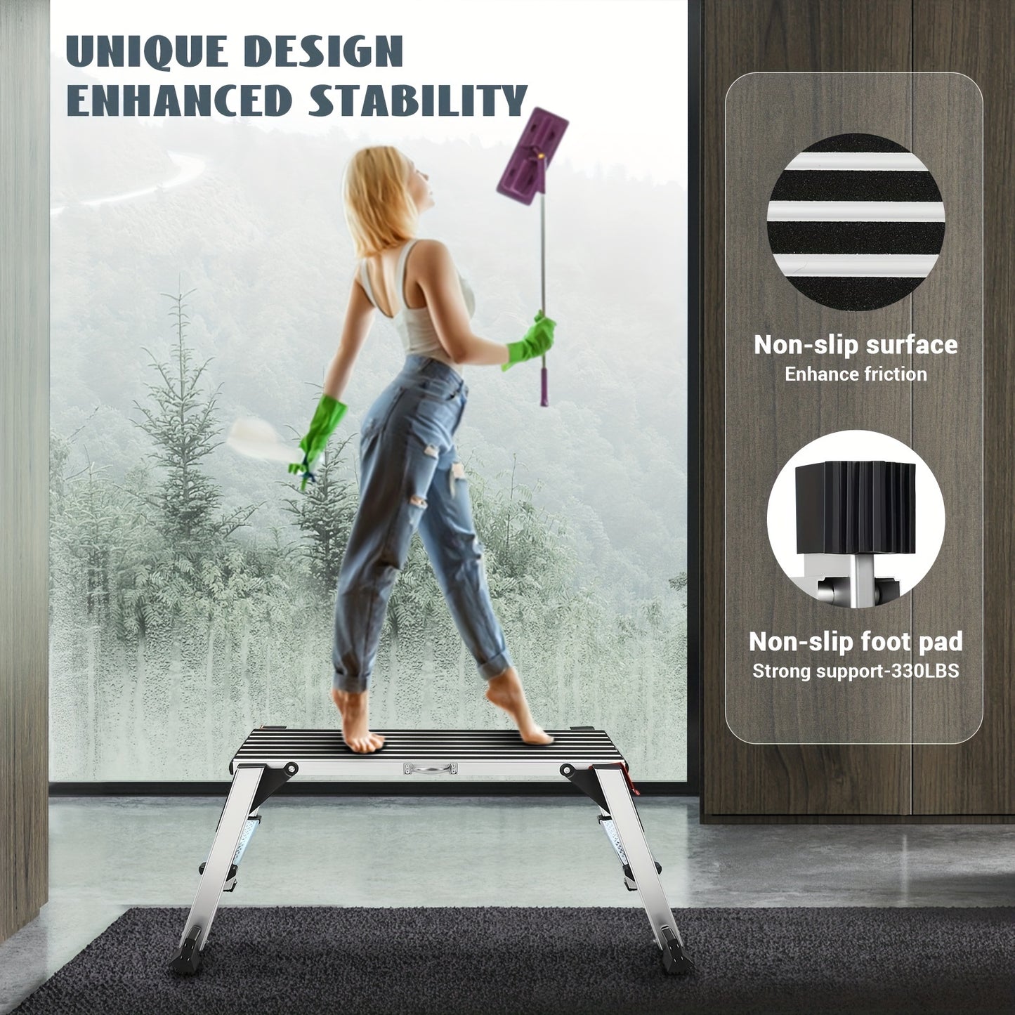 Heavy Duty 330lbs Aluminum Folding Work Platform Step Ladder with Non Slip Rubber Feet Safety Handrails Adjustable Height and Sleek Metallic Finish - Safety First Gear 25