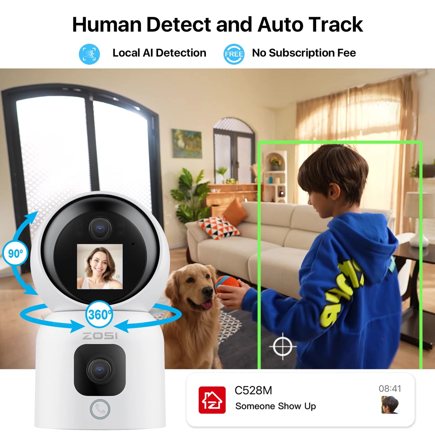 ZOSI 360 Smart Home Security Camera PTZ Auto Tracking AI