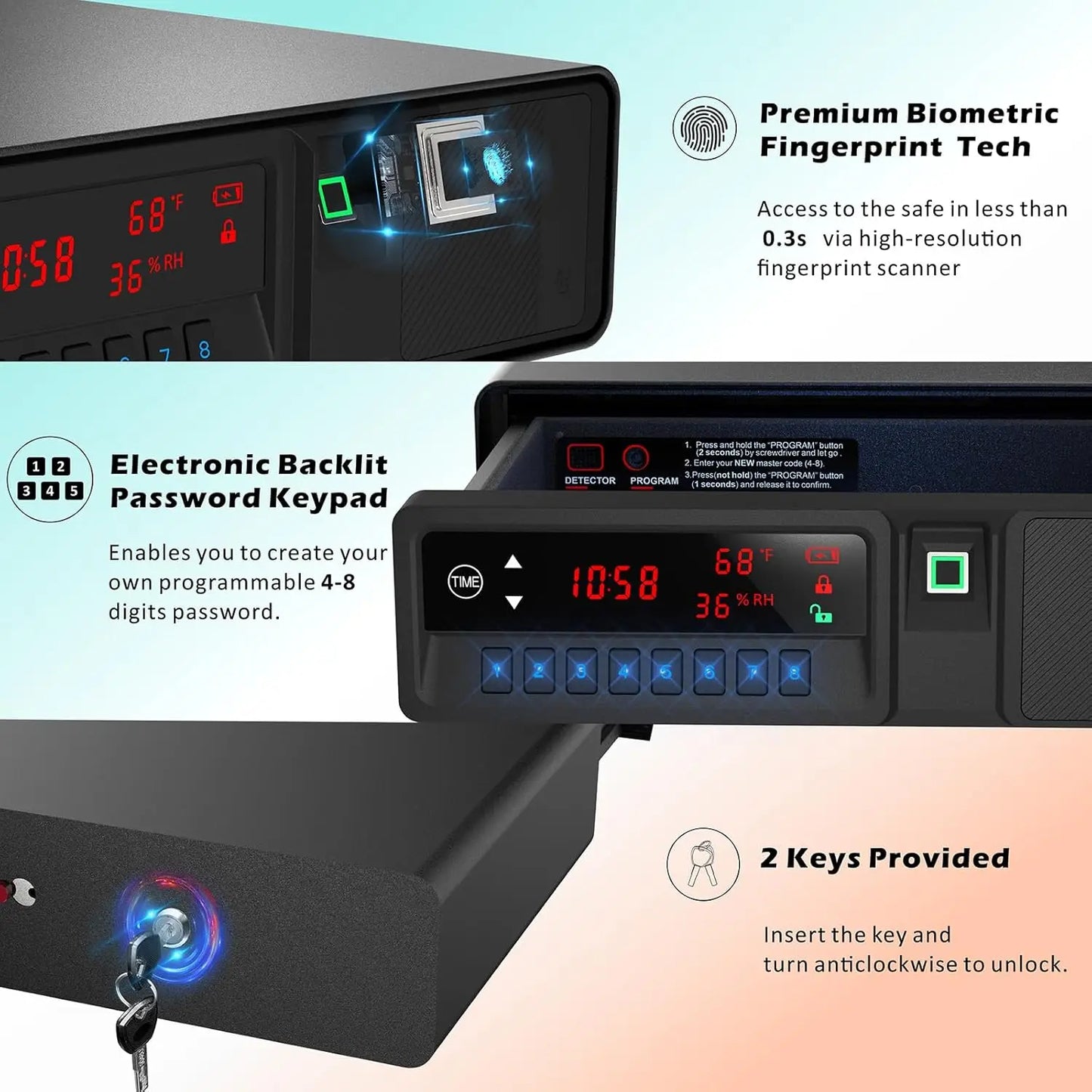 Slide Away Pistol Safe Drawer With LCD Temp Humidity Time