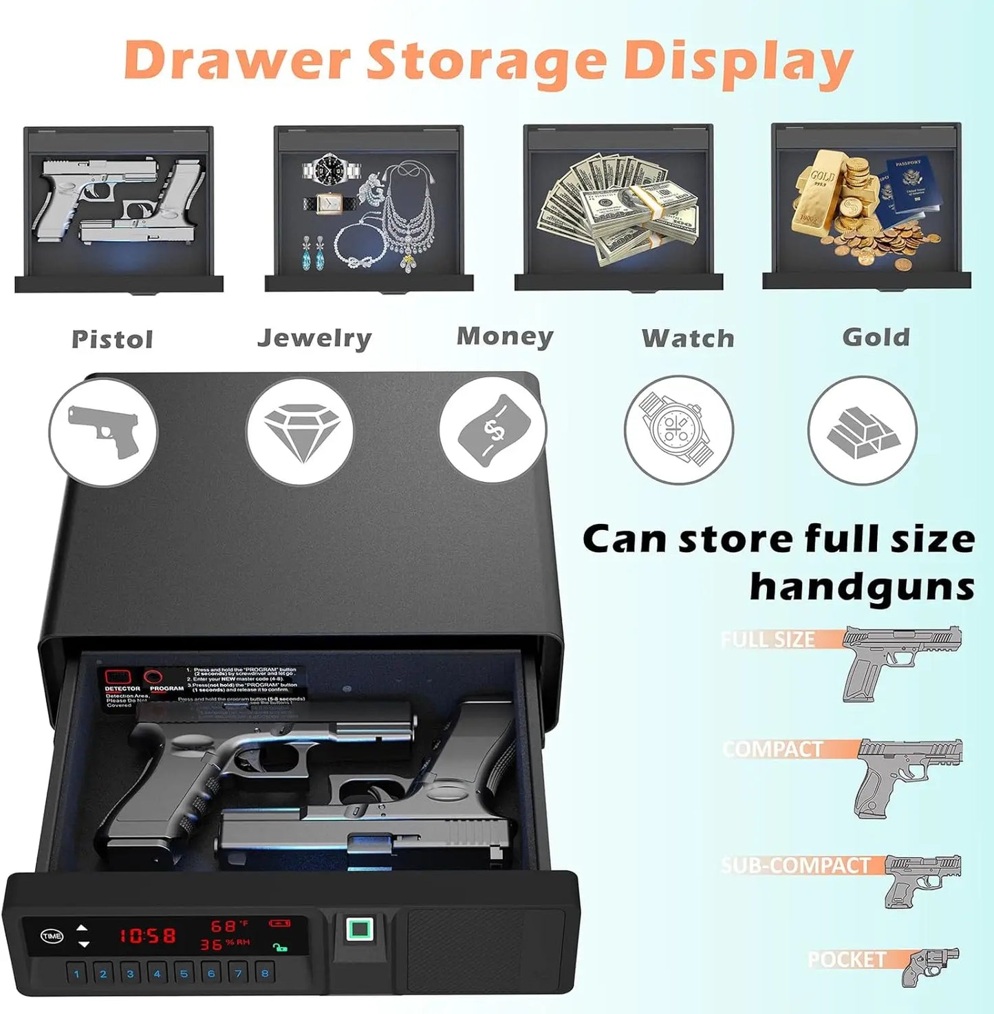 Slide Away Pistol Safe Drawer With LCD Temp Humidity Time