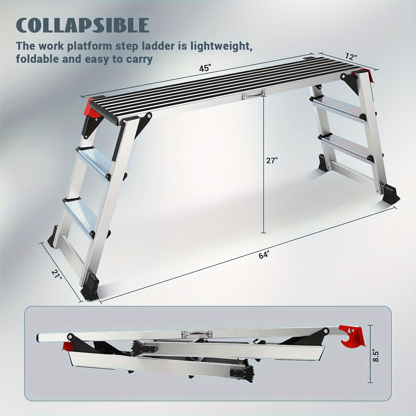 Heavy Duty 330lbs Aluminum Folding Work Platform Step Ladder with Non Slip Rubber Feet Safety Handrails Adjustable Height and Sleek Metallic Finish - Safety First Gear 25