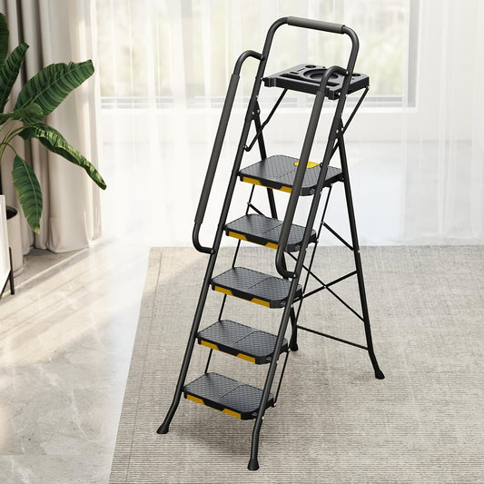 KINGRACK Heavy Duty 5 Step Folding Ladder With Handrails - Safety First Gear 25