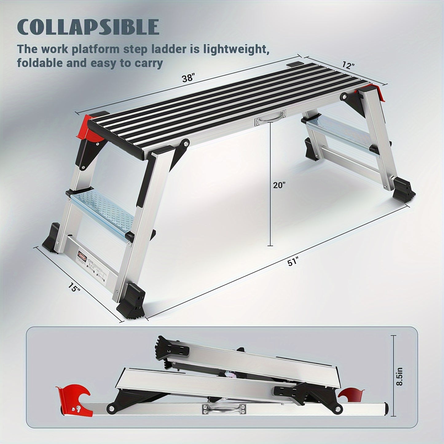 Heavy Duty 330lbs Aluminum Folding Work Platform Step Ladder with Non Slip Rubber Feet Safety Handrails Adjustable Height and Sleek Metallic Finish - Safety First Gear 25