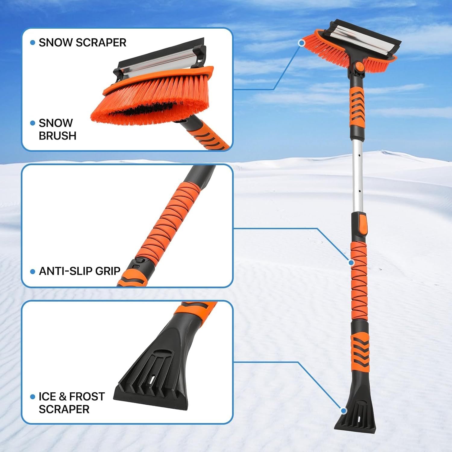 Vivicreate Extendable Snow Brush for Car Emergency Ice Scrapers Windshield Combo Kit 270 Degree Pivoting Head 5 in 1 Snow Removal Tool with Snow Shovel for Car Truck SUV Winter Car Kit - Safety First Gear 25