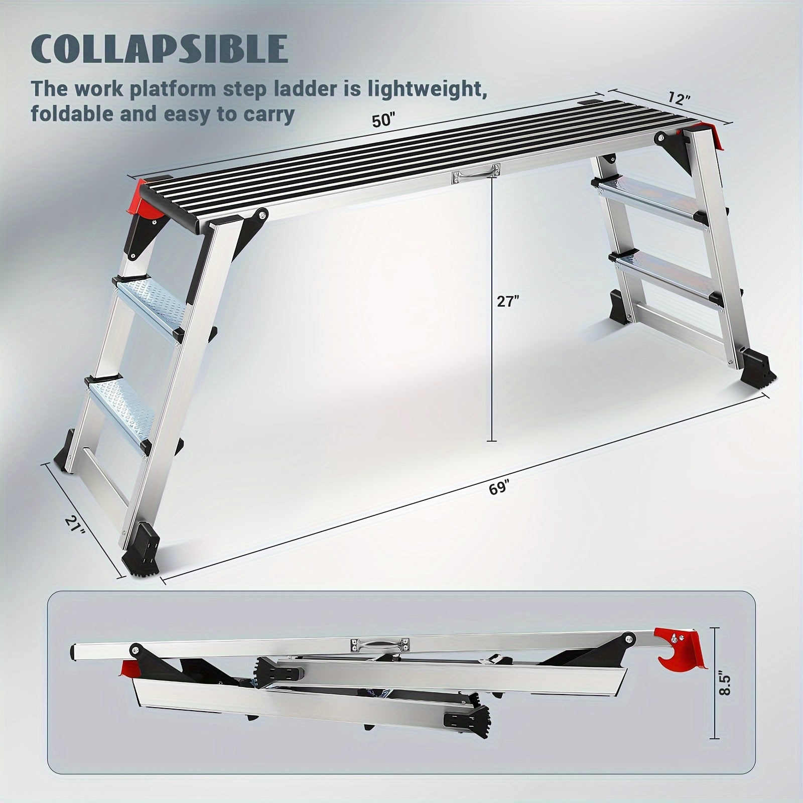 Heavy Duty 330lbs Aluminum Folding Work Platform Step Ladder with Non Slip Rubber Feet Safety Handrails Adjustable Height and Sleek Metallic Finish - Safety First Gear 25