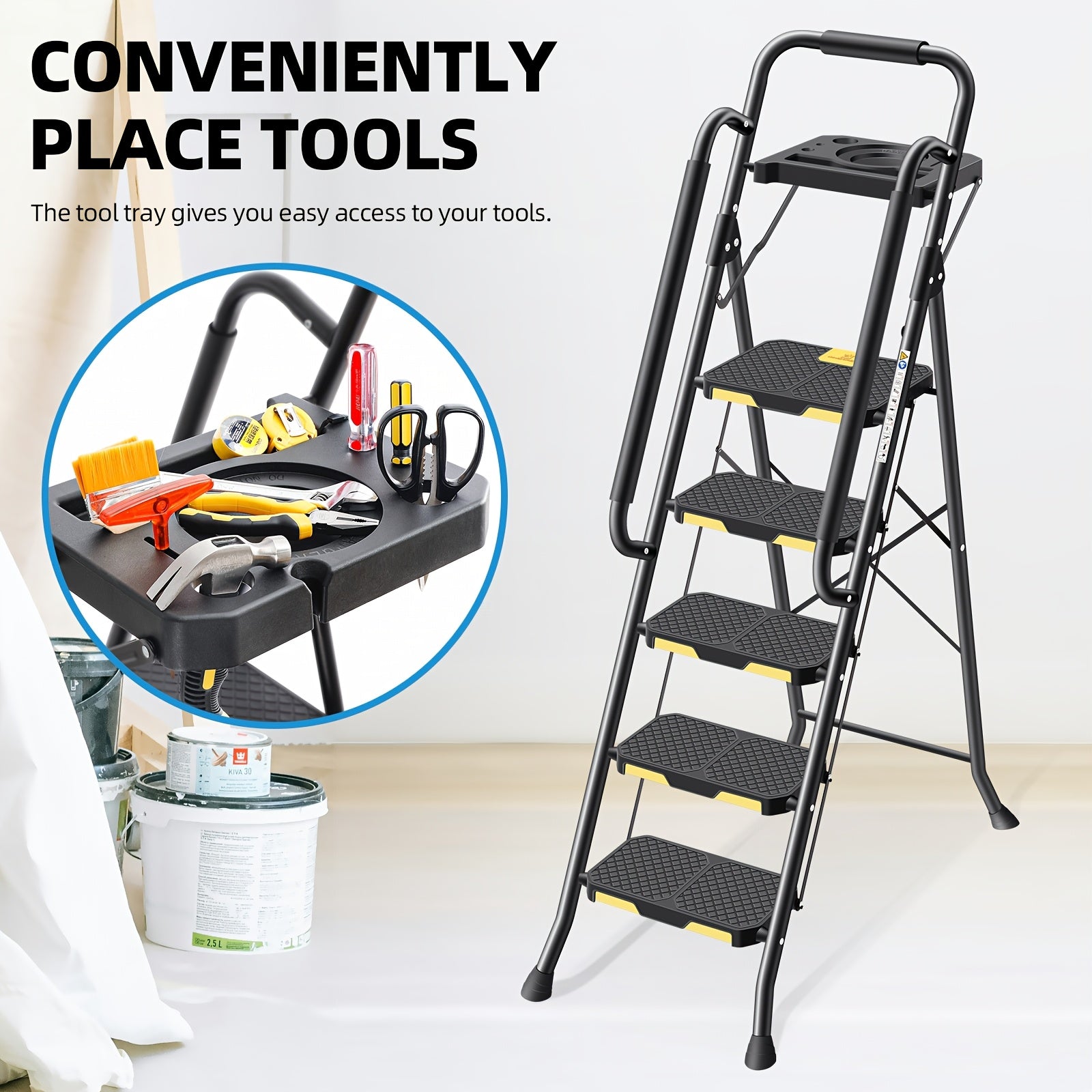 KINGRACK Heavy Duty 5 Step Folding Ladder With Handrails - Safety First Gear 25