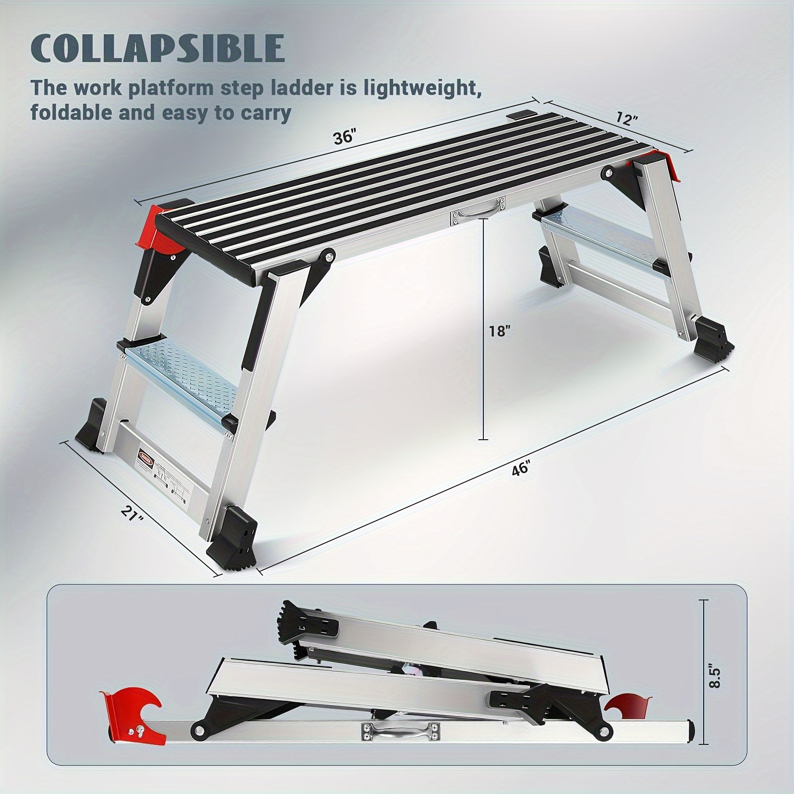 Heavy Duty 330lbs Aluminum Folding Work Platform Step Ladder with Non Slip Rubber Feet Safety Handrails Adjustable Height and Sleek Metallic Finish - Safety First Gear 25