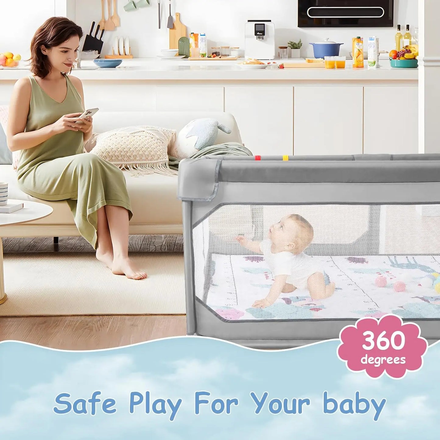 Extra Large Baby Playpen with Mat and Storage Bag - Safety First Gear 25