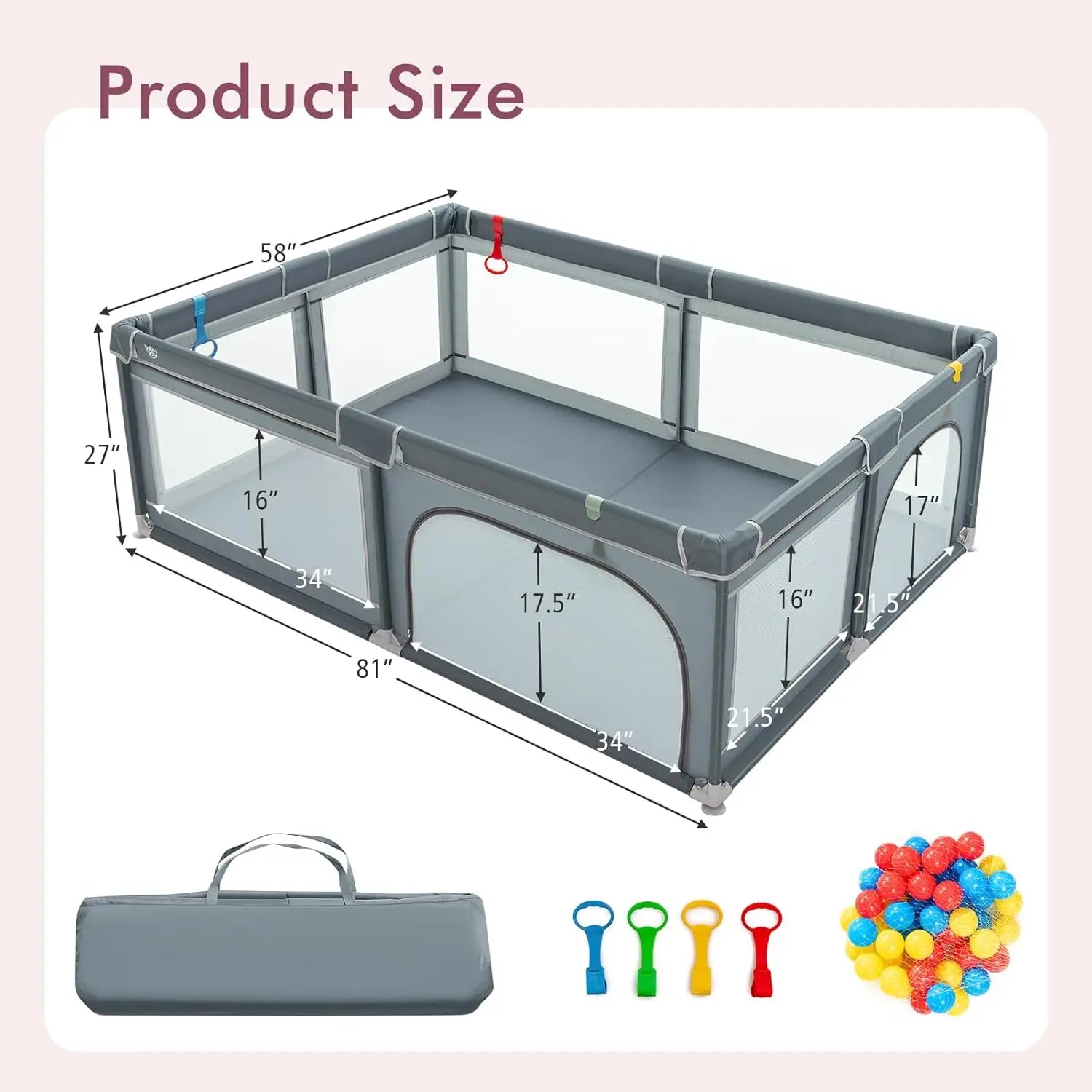 Extra Large Toddler Playpen with Ocean Balls and Suction Cups - Safety First Gear 25