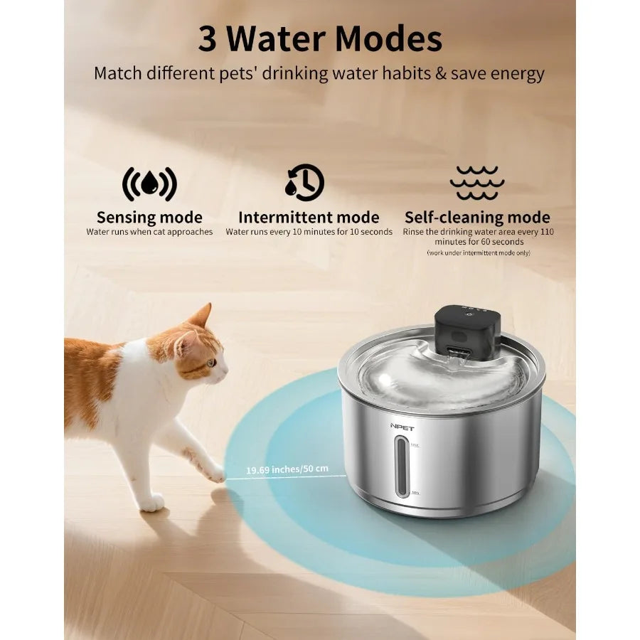 Stainless Steel Wireless Cat Fountain 1 Gallon Battery Operated