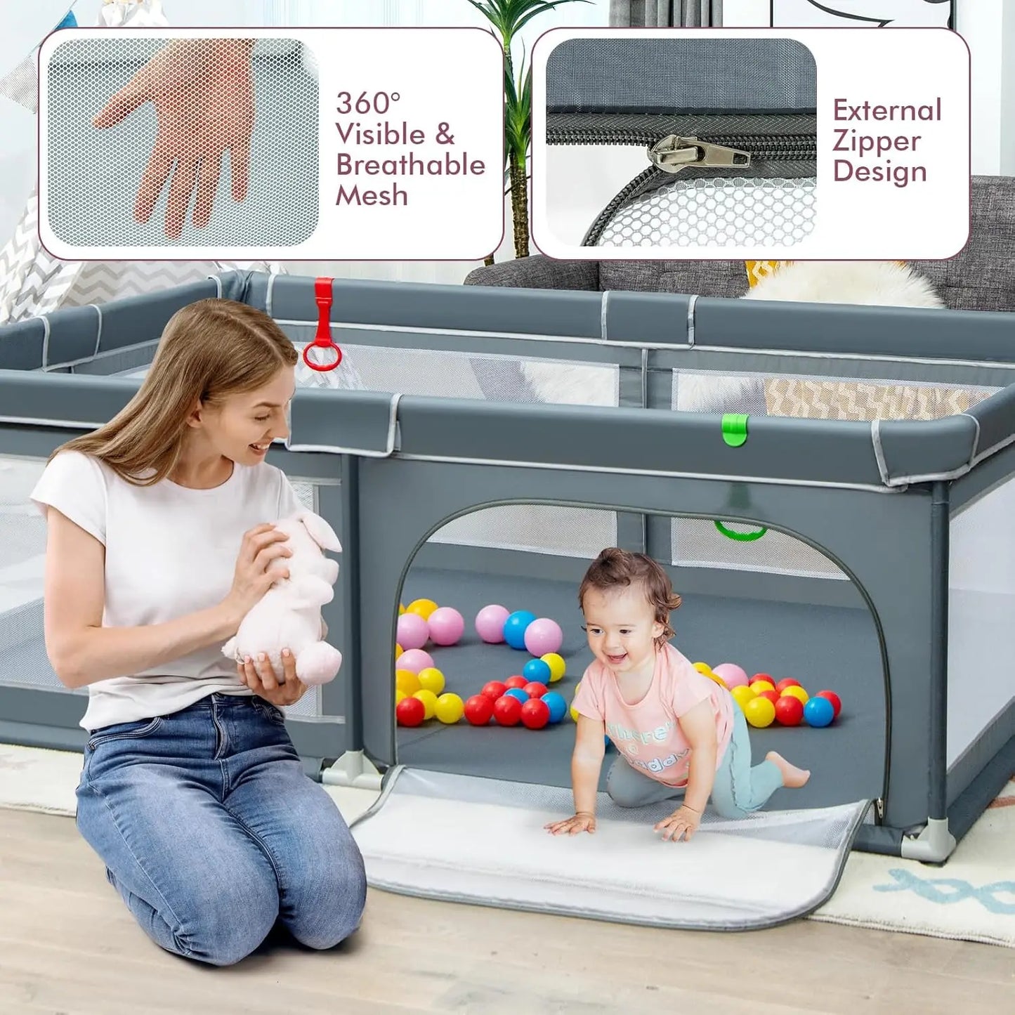 Extra Large Toddler Playpen with Ocean Balls and Suction Cups - Safety First Gear 25