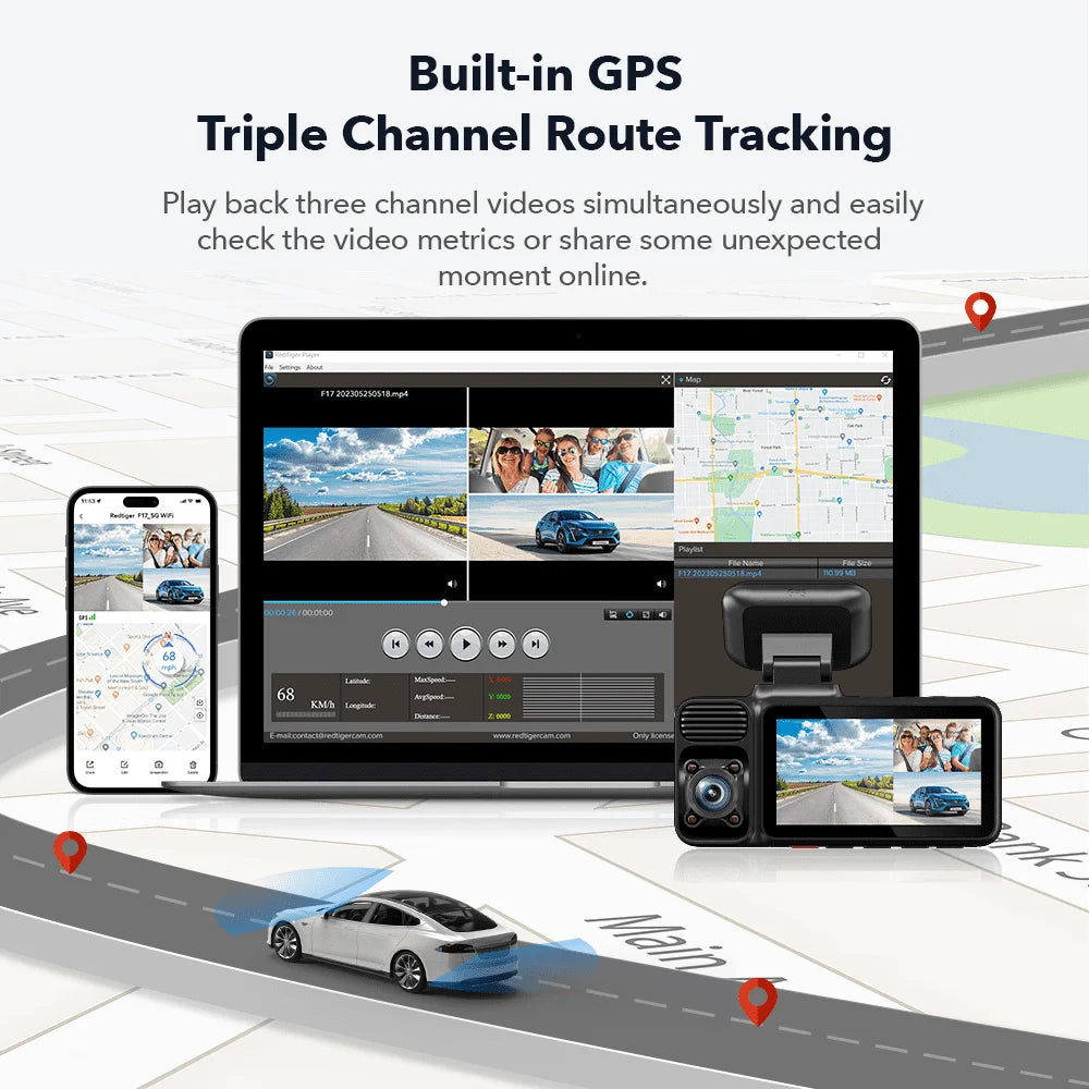 RedTiger 4K Triple Channel Dash Camera with Built-In GPS - Safety First Gear 25