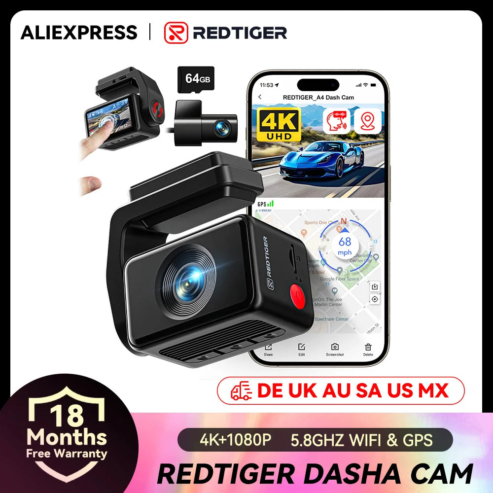 REDTIGER A4 Dash Cam Front Rear 4K Drive Recorder