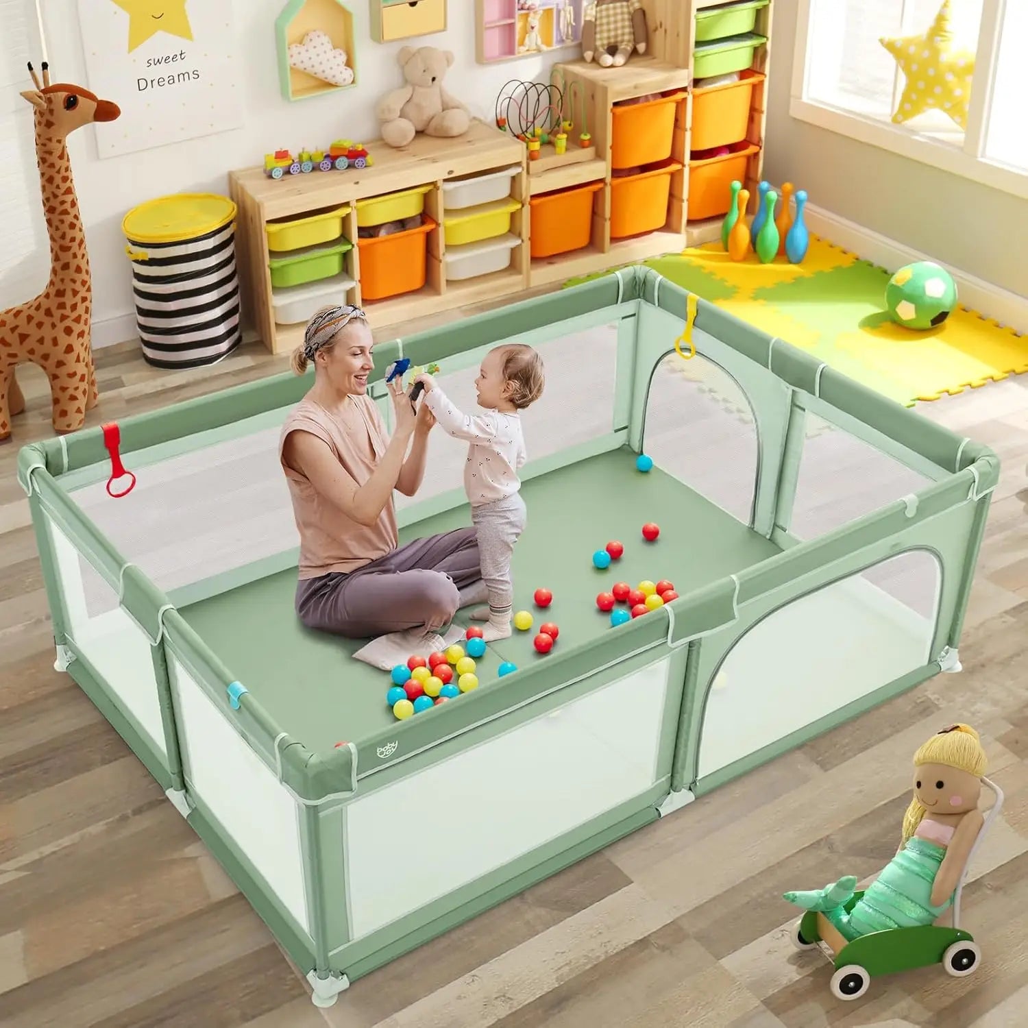 Extra Large Toddler Playpen with Ocean Balls and Suction Cups - Safety First Gear 25