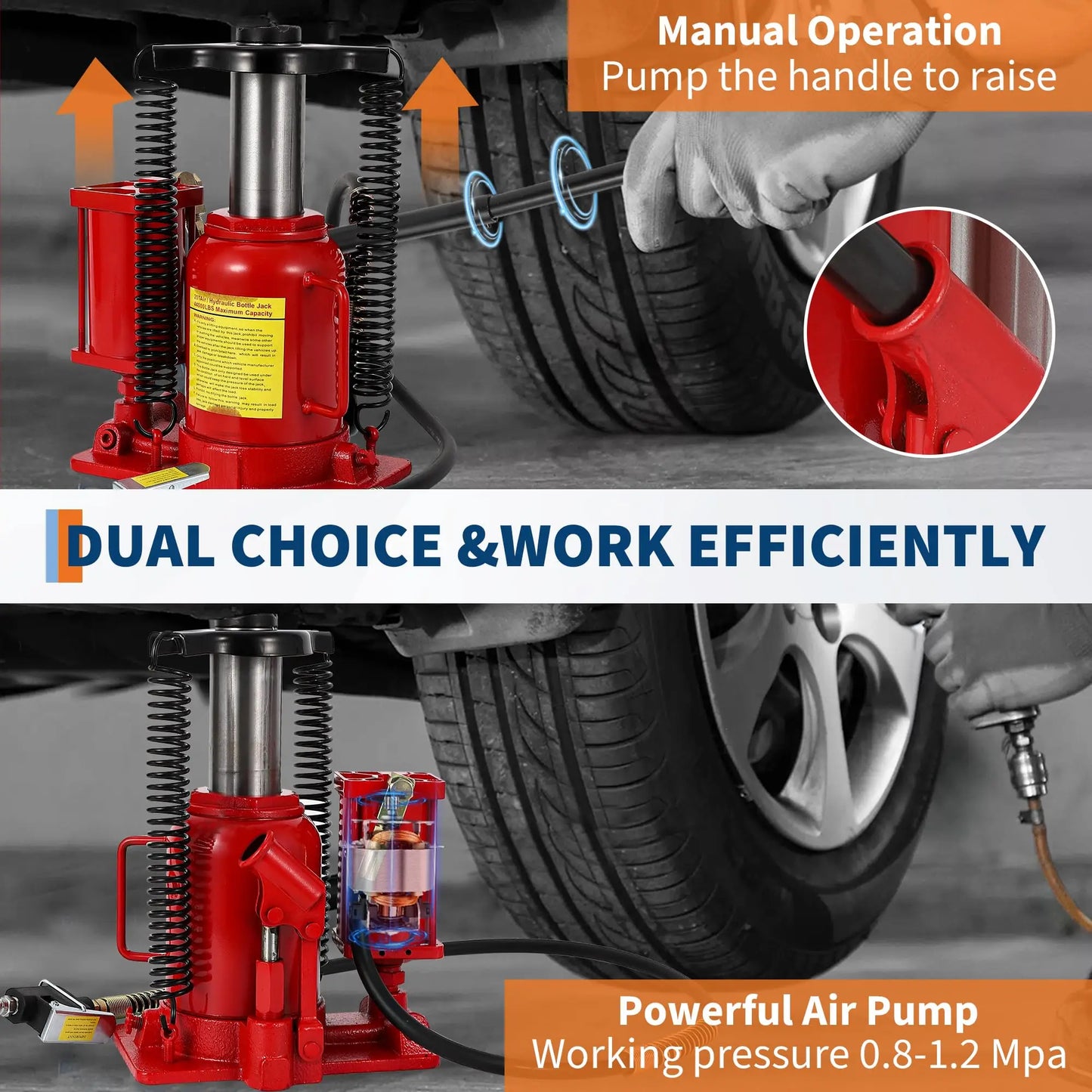 HiMISS 20 Ton Air Hydraulic Bottle Jack With Manual Pump