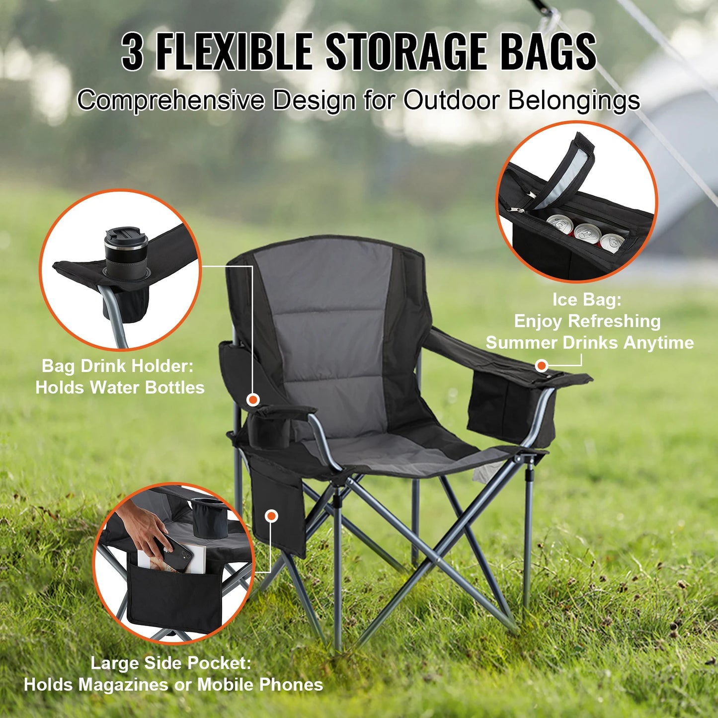 VEVOR Outdoor Camping Folding Chair Quad Lumbar Support With Pockets