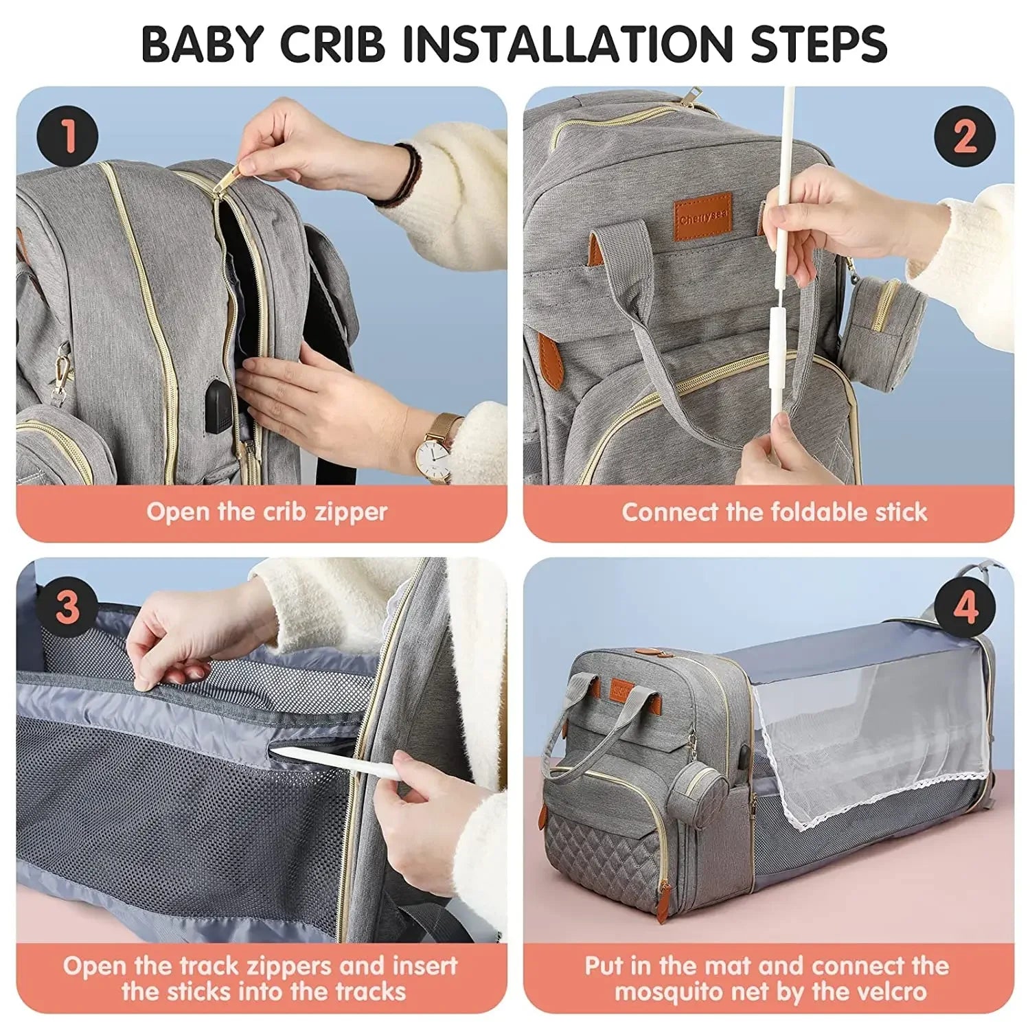 3 In 1 Diaper Bag Backpack Foldable Baby Bed USB Charge - Safety First Gear 25