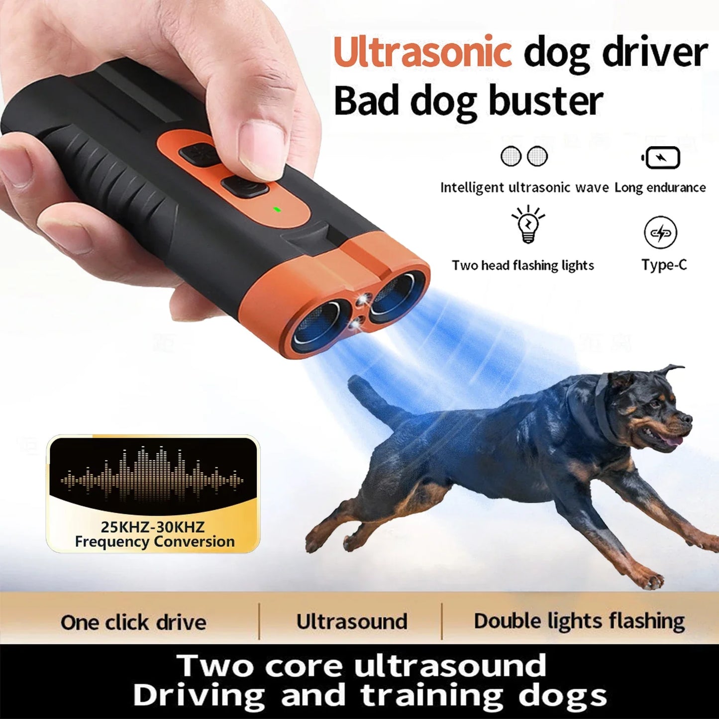 Dual Head Ultrasonic Dog Repeller with LED Flashlight - Safety First Gear 25