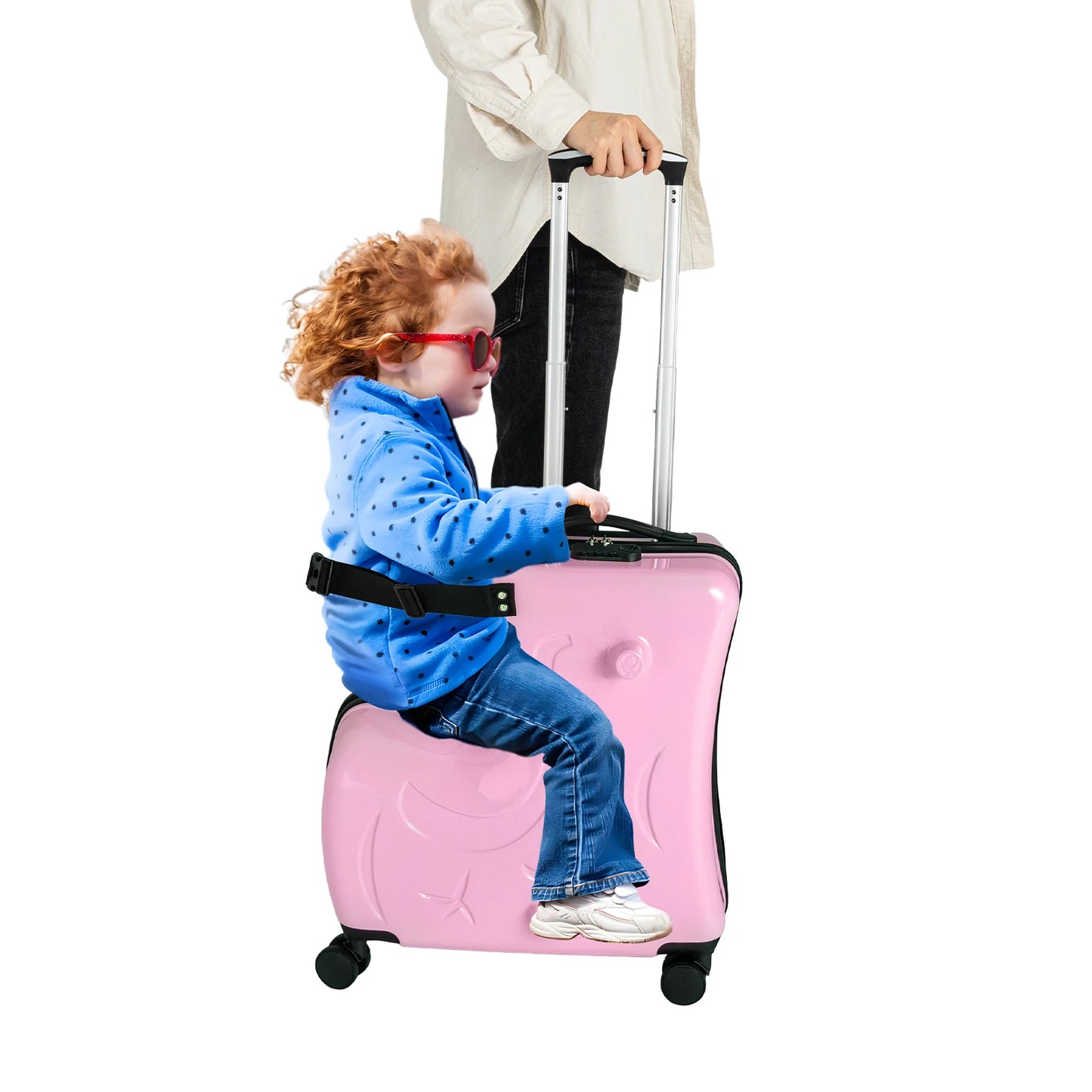 20" Kid's Ride-on Travel Suitcase,Rolling Luggage with Wheels Carry Trolley Luggage with Password Lock for Children's Day Gift