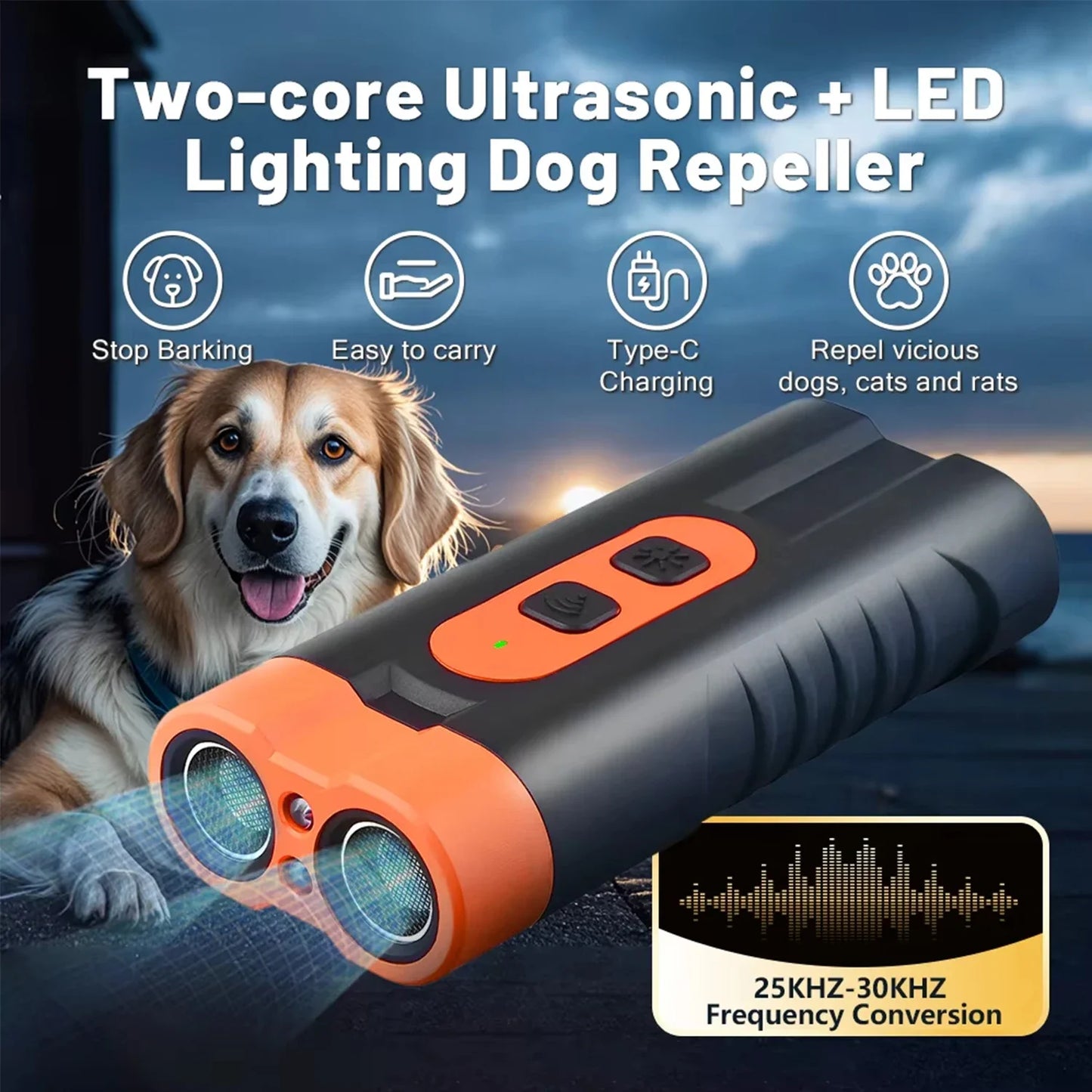 Dual Head Ultrasonic Dog Repeller with LED Flashlight - Safety First Gear 25