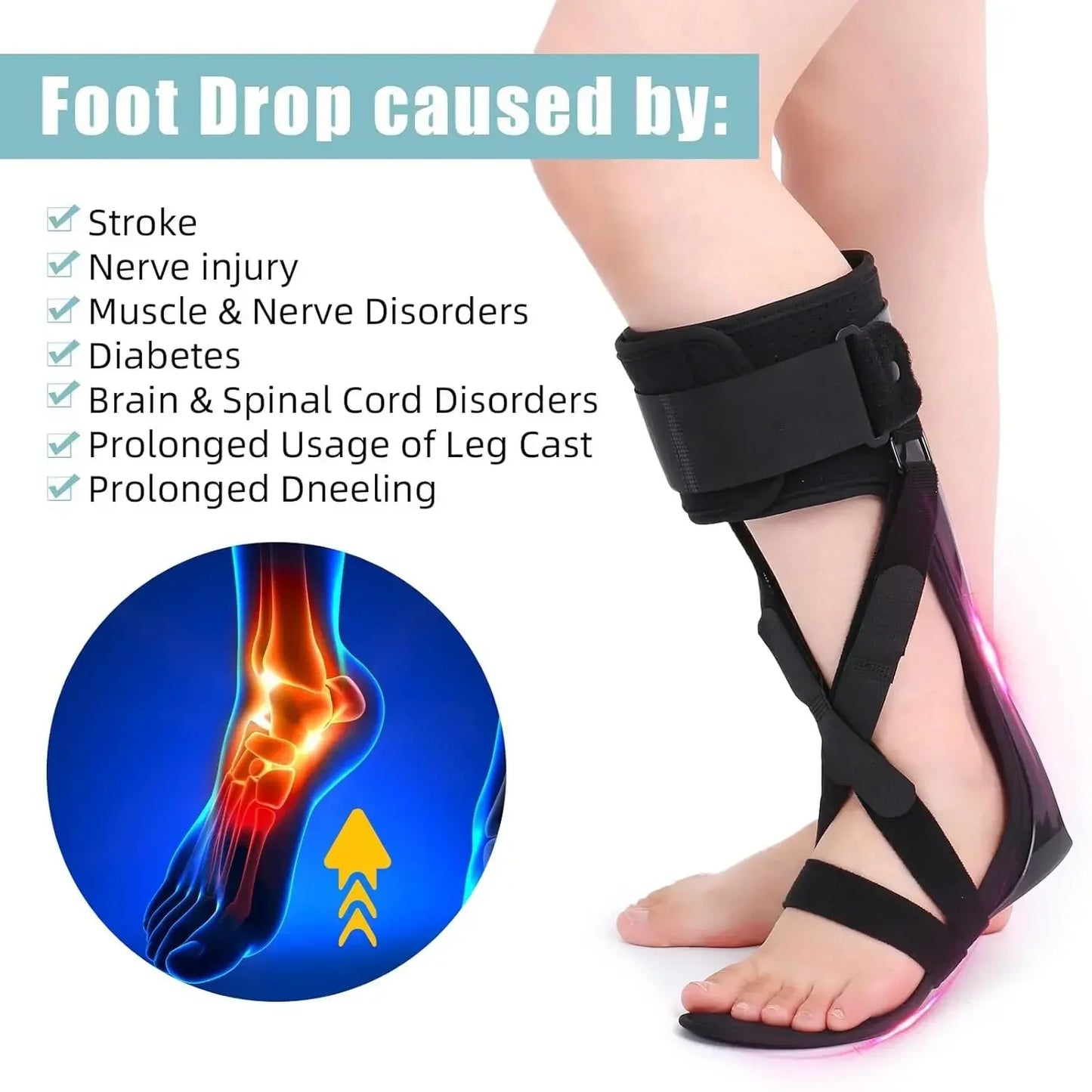 Adjustable AFO Foot Drop Support Brace-Medical Ankle Foot Orthosis-for Men & Women Stroke, MS, Hemiplegia Foot Drop