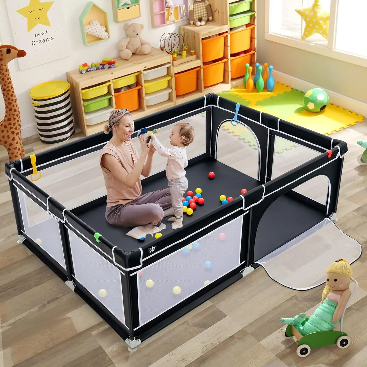 Extra Large Toddler Playpen with Ocean Balls and Suction Cups - Safety First Gear 25