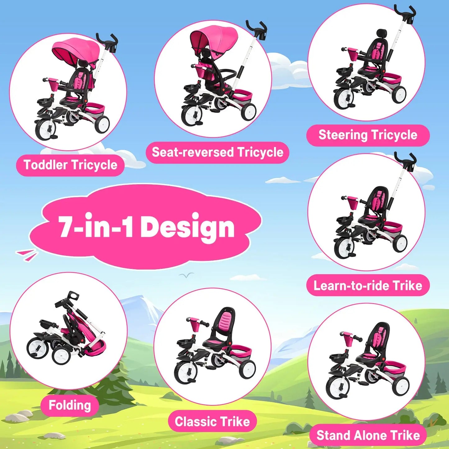 HiMISSCN Foldable 7 in 1 Toddler Tricycle With Safety Harness