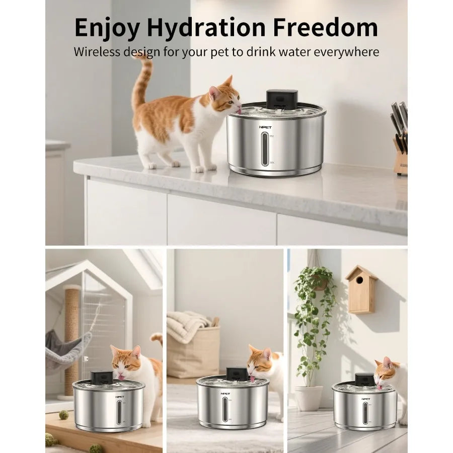 Stainless Steel Wireless Cat Fountain 1 Gallon Battery Operated