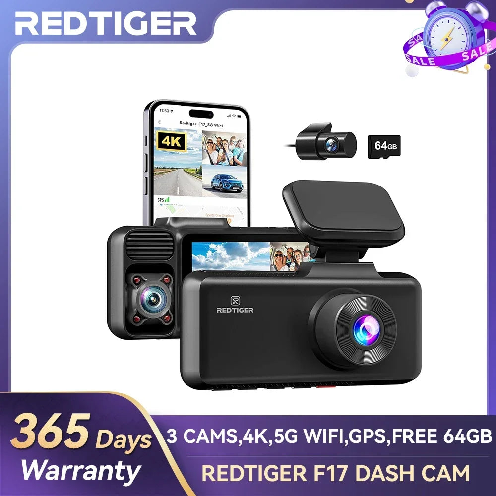 RedTiger 4K Triple Channel Dash Camera with Built-In GPS - Safety First Gear 25