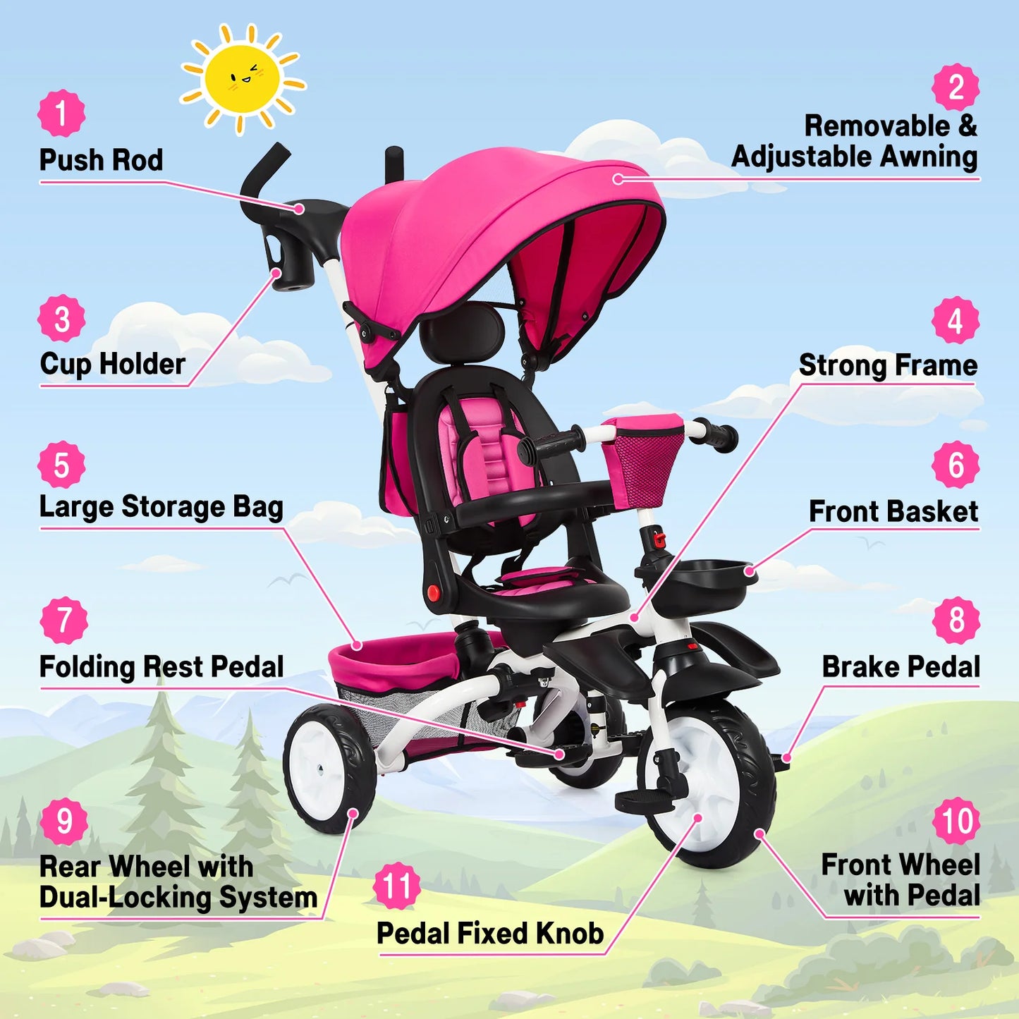 Hign-concerned 7-In-1 Folding Toddler Tricycle With Push Handle