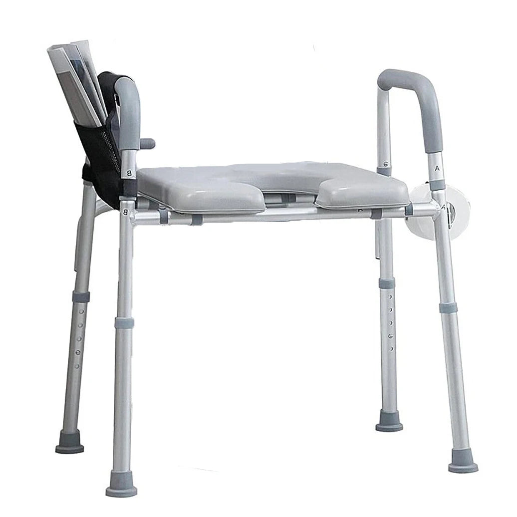 Raised Toilet Seat with Armrests Storage Bag, Adjustable Height Padded Seat Elevated Toilet Risers For Elderly Disabled Handicap