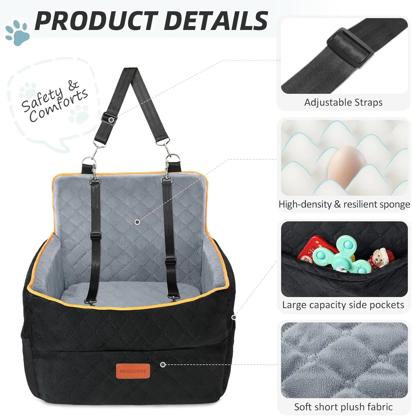 Memory Foam Dog Car Seat For Travel Comfort Washable Cover