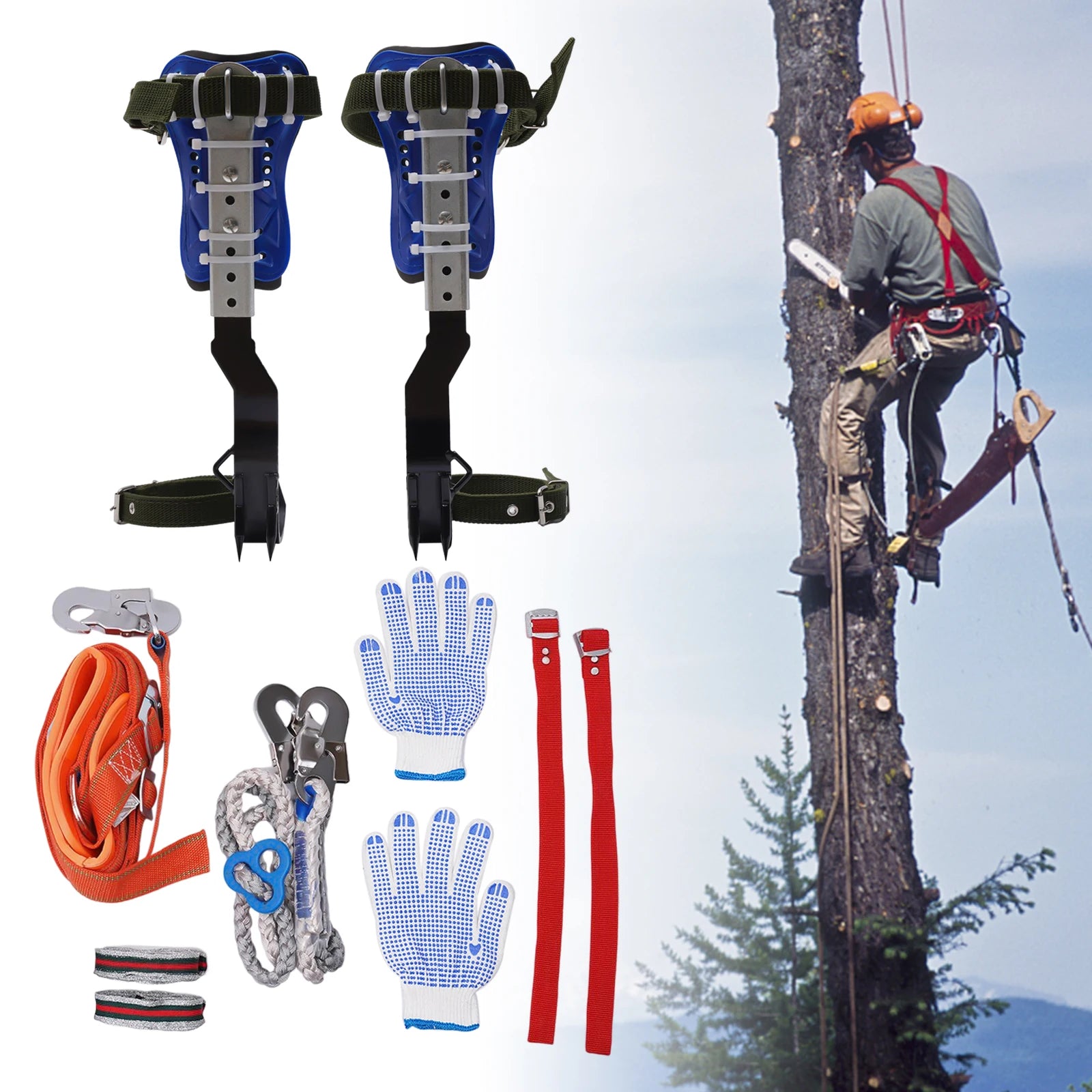 Tree Climbing Spikes Gear Set With Safety Harness Rope Gloves - Safety First Gear 25
