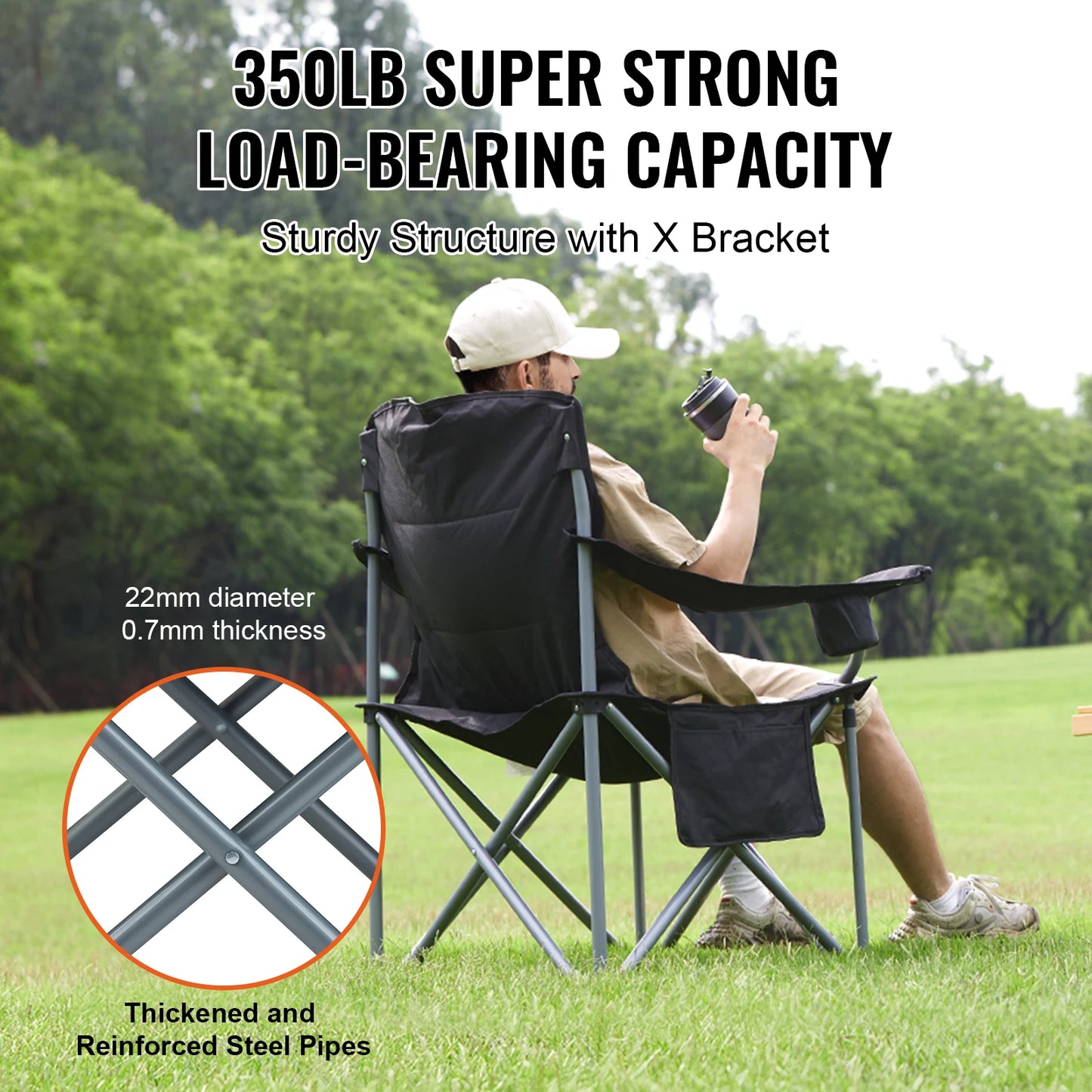 VEVOR Outdoor Camping Folding Chair Quad Lumbar Support With Pockets