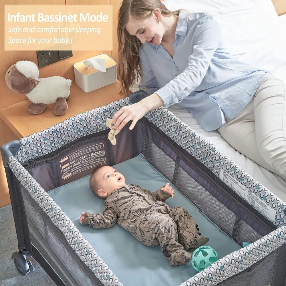 5 in 1 Pack and Play Folding Crib With Bassinets Napper - Safety First Gear 25