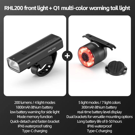 Rockbros Waterproof Rechargeable Bicycle Headlight with Tail Light - Safety First Gear 25