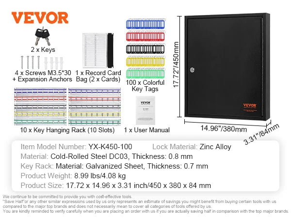 VEVOR 48/100/200-Key Cabinet Key Lock Box W/ Adjustable Racks Security Key Storage Box Key Organizer for School Office Hotle