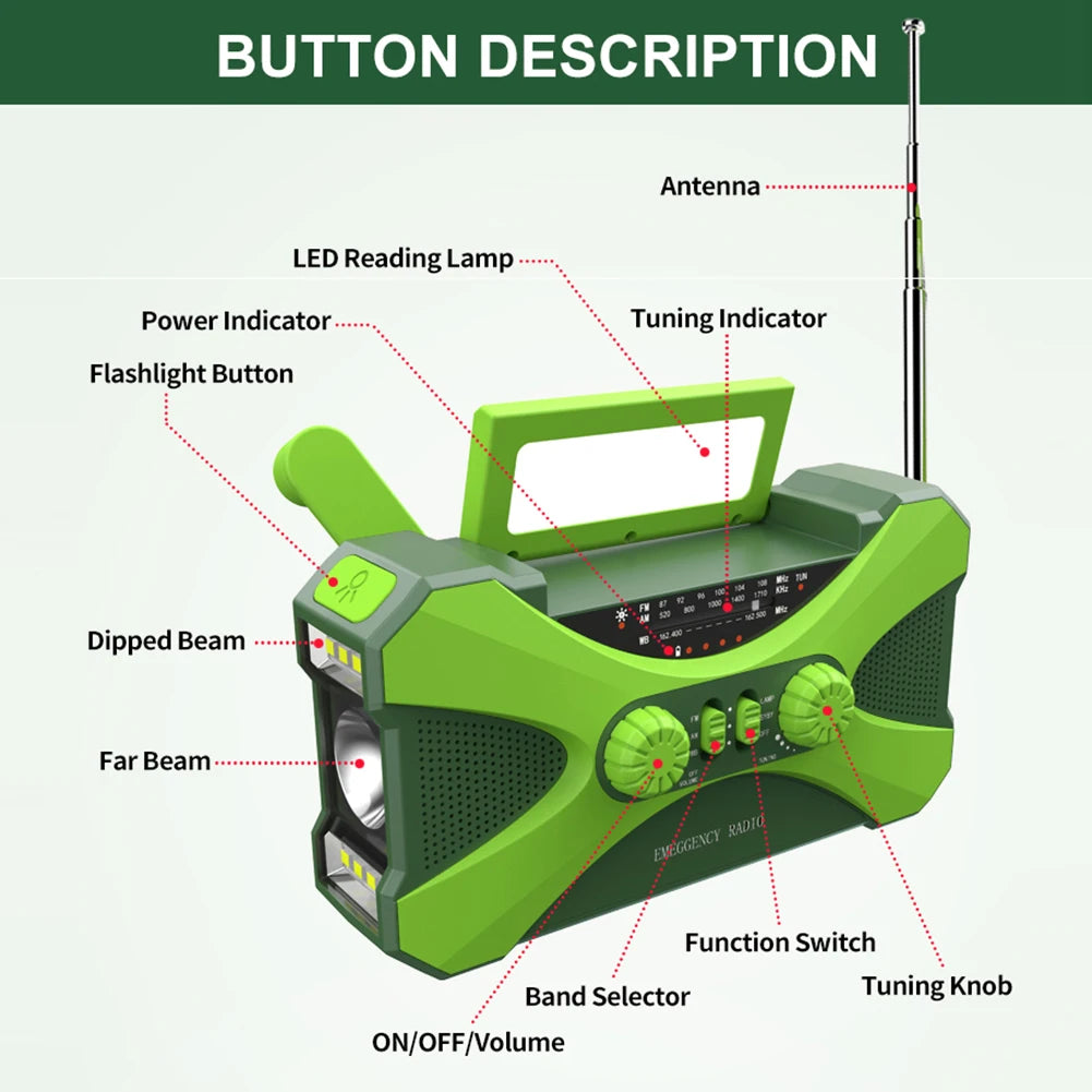 Portable 10000mAh Emergency Radio Solar Hand Crank LED Flashlight SOS Alarm - Safety First Gear 25