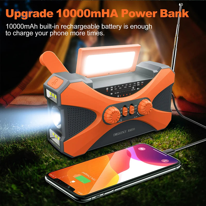Portable 10000mAh Emergency Radio Solar Hand Crank LED Flashlight SOS Alarm - Safety First Gear 25