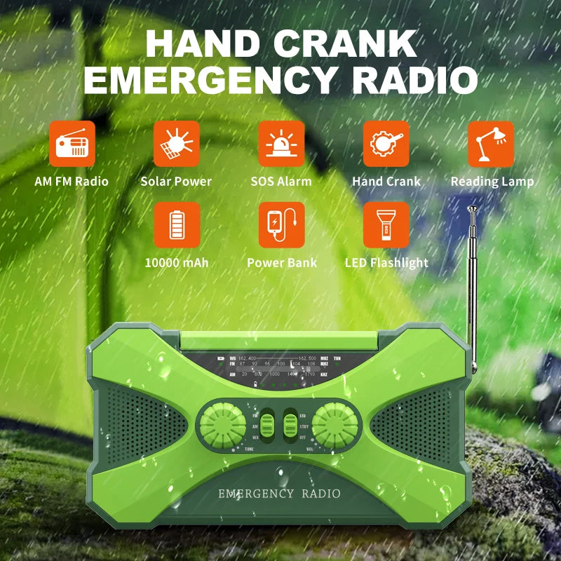 Portable 10000mAh Emergency Radio Solar Hand Crank LED Flashlight SOS Alarm - Safety First Gear 25