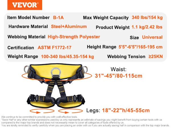 VEVOR Half Body Safety Harness for Tree Climbing and Rescue - Safety First Gear 25