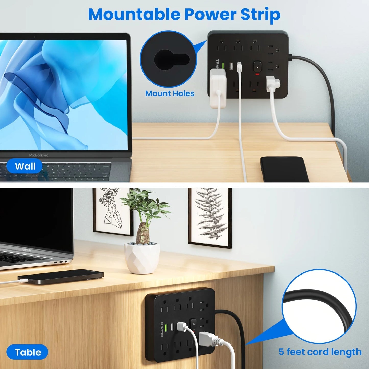 TRANSTON Power Outlet Surge Protector with USB Ports and Extension Cord - Safety First Gear 25