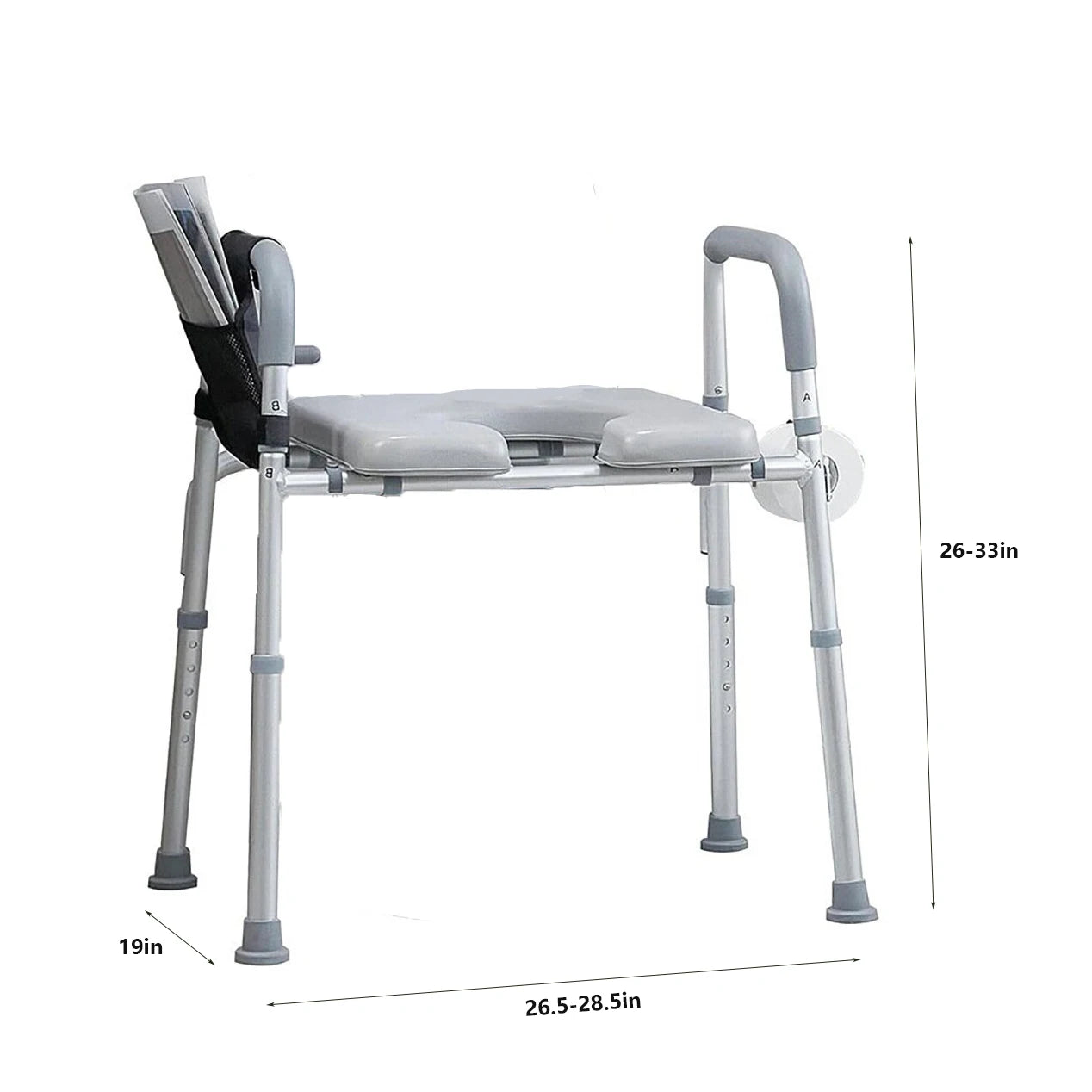 Raised Toilet Seat with Armrests Storage Bag, Adjustable Height Padded Seat Elevated Toilet Risers For Elderly Disabled Handicap