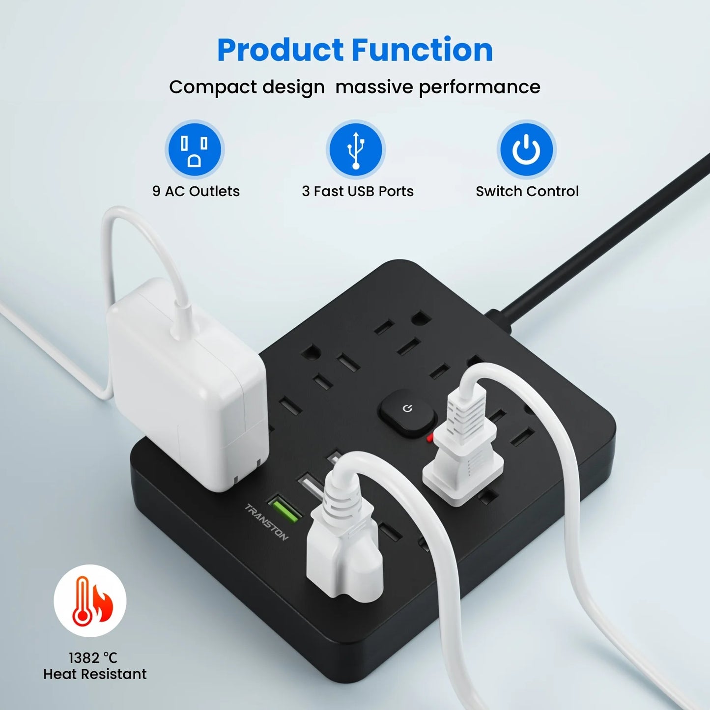 TRANSTON Power Outlet Surge Protector with USB Ports and Extension Cord - Safety First Gear 25