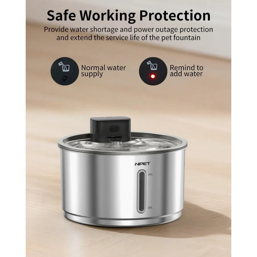 Stainless Steel Wireless Cat Fountain 1 Gallon Battery Operated