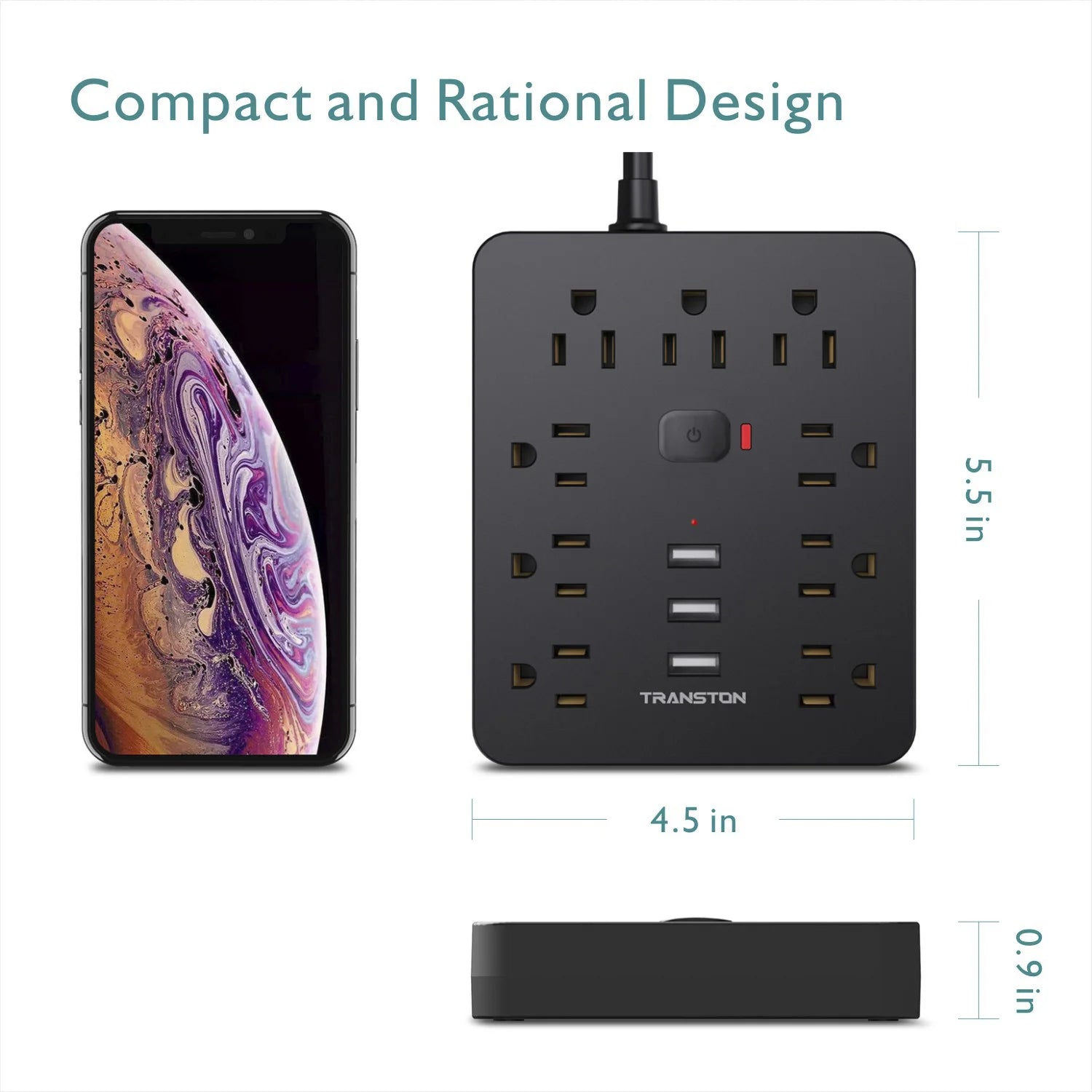 TRANSTON Power Outlet Surge Protector with USB Ports and Extension Cord - Safety First Gear 25