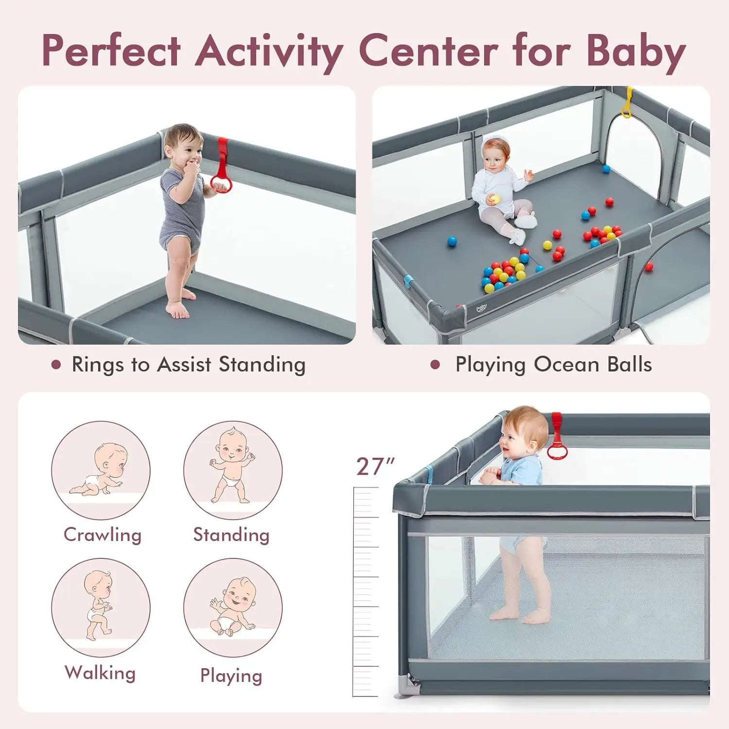 Extra Large Toddler Playpen with Ocean Balls and Suction Cups - Safety First Gear 25