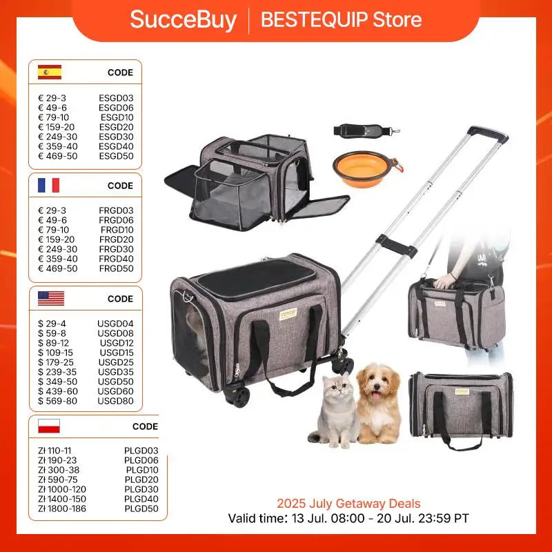 SucceBuy Pet Cat Carrier Breathable Outgoing Dog Carry Backpack with Telescopic Handle Wheels and Shoulder Strap for Travel Trip
