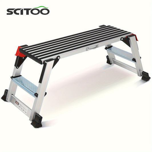 Heavy Duty 330lbs Aluminum Folding Work Platform Step Ladder with Non Slip Rubber Feet Safety Handrails Adjustable Height and Sleek Metallic Finish - Safety First Gear 25