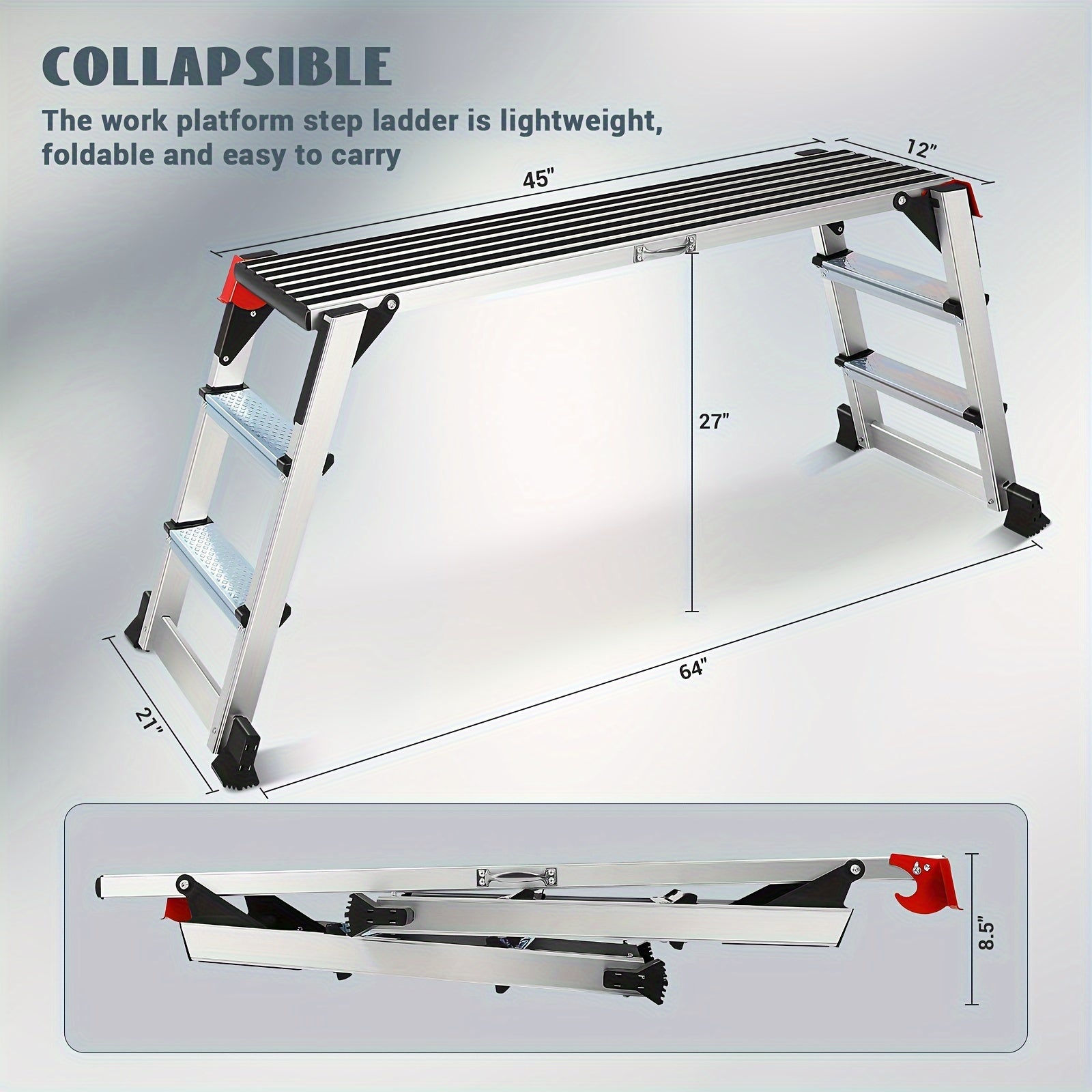 Heavy Duty 330lbs Aluminum Folding Work Platform Step Ladder with Non Slip Rubber Feet Safety Handrails Adjustable Height and Sleek Metallic Finish - Safety First Gear 25